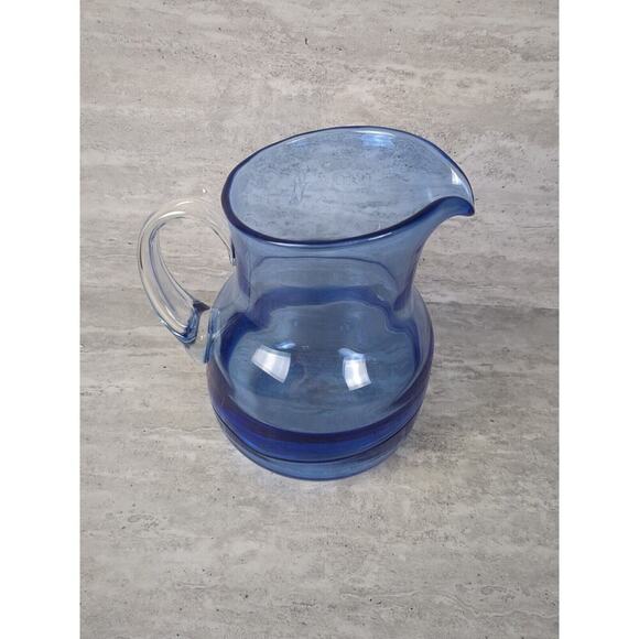 Glass Pitcher Jug Cobalt Blue‎ Clear Handle - Picture 2 of 8